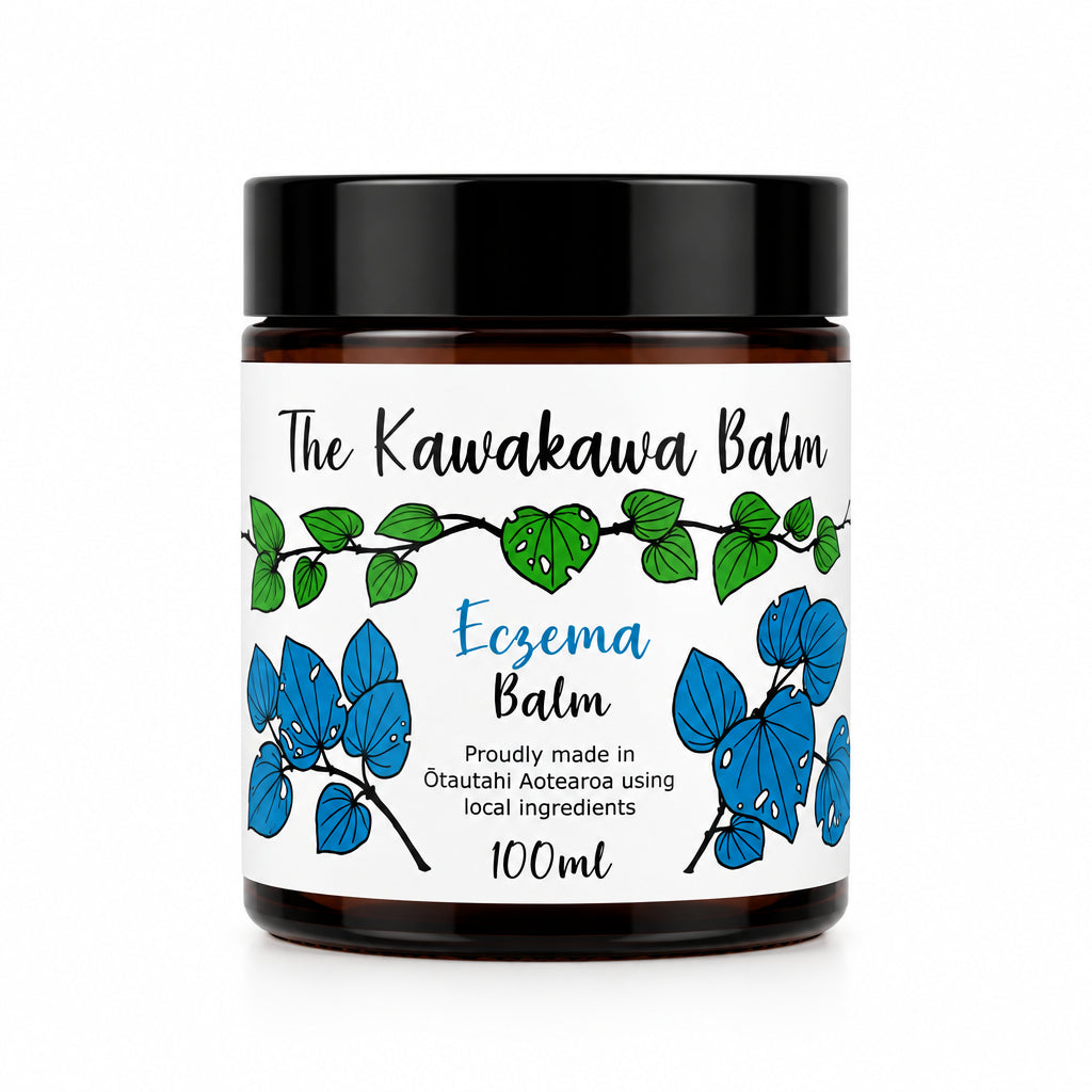 Kawakawa balm jar with white label and black lid on a white background